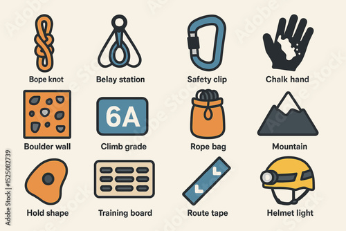 Rock climbing gear icons: safety equipment and tools for climbing adventures