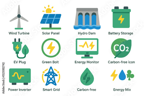 Renewable energy icons featuring solar panel, wind turbine, hydro dam, and battery storage