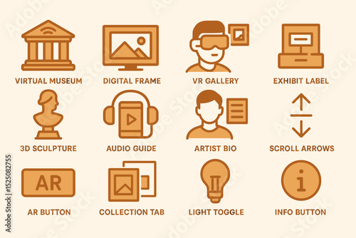 Interactive museum icons set: virtual reality, audio guide, light toggle, ar button
