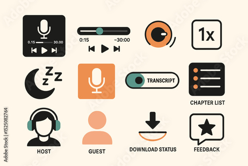 Podcast interface icons: microphone, controls, transcript, host, guest, feedback