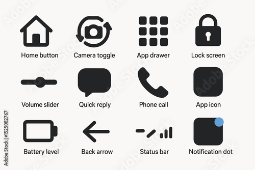 User interface icons for mobile apps: home, camera, app drawer, lock, volume, reply, phone, battery