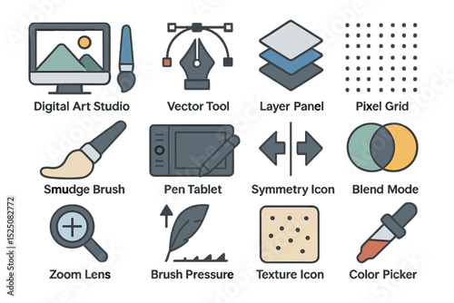 Digital art studio tools: vector, layers, symmetry, and more icons