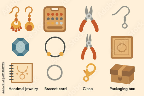 Handmade jewelry tools and materials collection with earrings and packaging box