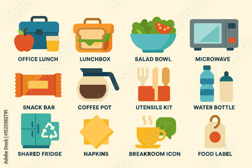 Office lunch essentials with lunchbox, salad bowl, microwave, and more