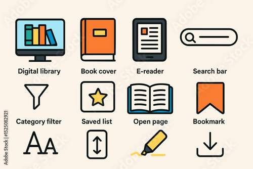 Digital library icons: computer, book, e-reader, search, filter, bookmark, highlighter