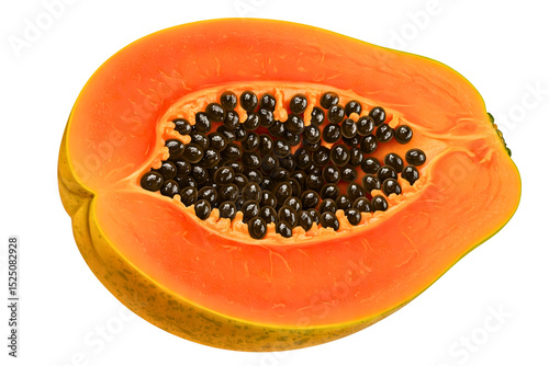 Fresh papaya cut in half revealing its black seeds inside isolated on a transparent background