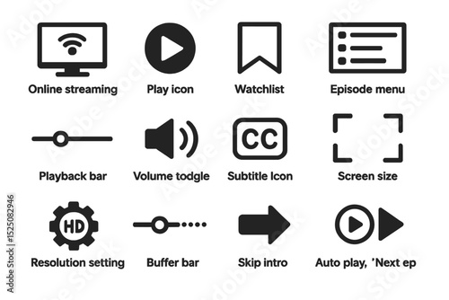 Streaming interface icons: playback, volume, subtitle, resolution, menu