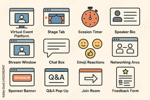 Virtual event interface elements: timer, chat, emoji reactions, speaker bio, sponsor banner