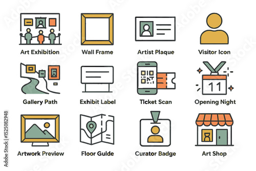 Art exhibition icons on gold background featuring visitor and curator symbols