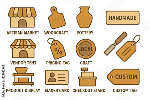 Artisan market icons: woodcraft, pottery, handmade, and custom tags