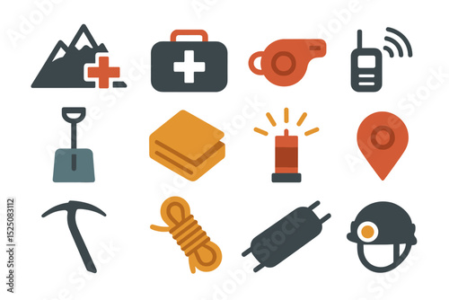 Set of safety icons: first aid, navigation, communication, tools
