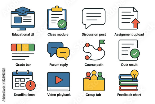 Educational icons: class module, discussion post, assignment upload, course path, feedback chart