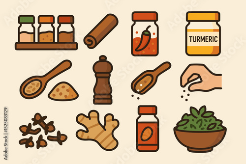 Colorful spice and herb icons featuring turmeric, pepper, and ginger