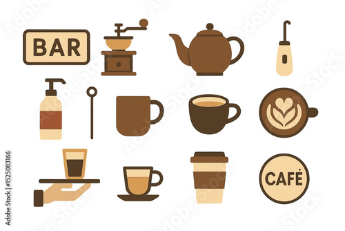 Coffee shop icons on warm background featuring cafe and bar elements