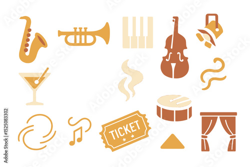 Glowing jazz icons including saxophone trumpet piano and cocktail