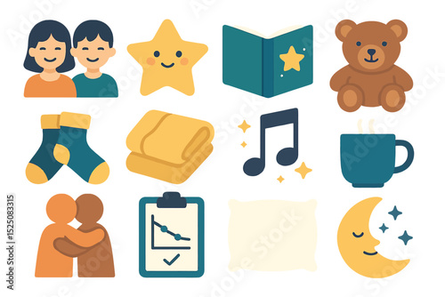 Cozy bedtime icons featuring diverse elements for a relaxing night routine