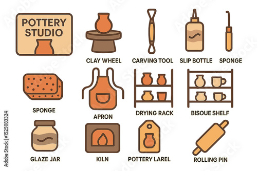 Pottery studio tools: wheel, apron, kiln, glaze jar, rolling pin, drying rack