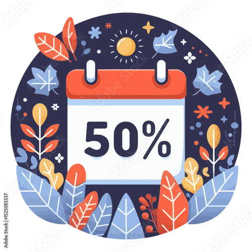 calendar icon displaying "50%" surrounded by leaves and a sun. Ideal for blogs and websites promoting seasonal sales, discounts, and limited-time offers.