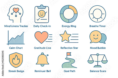 Mindfulness and wellness icons set featuring energy, gratitude, and balance symbols