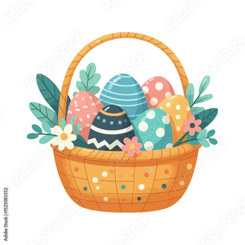 basket filled with colorful decorated Easter eggs, flowers, and leaves. Ideal for blogs and websites celebrating Easter, spring, and holiday traditions.