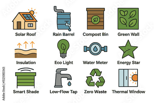 Sustainable home solutions: solar roof, rain barrel, compost bin, energy star, thermal window