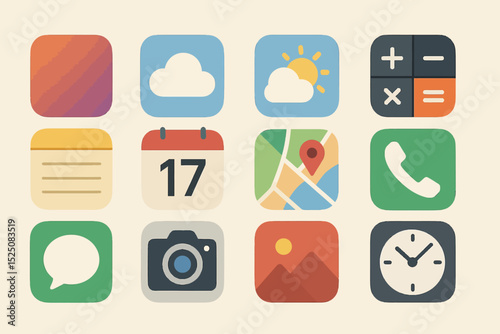 Minimalist smartphone app icons: weather, calculator, and more on neutral background