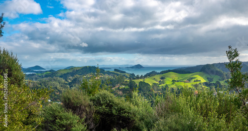 Panorama of Hauraki Gulf (Tīkapa Moana) from the mounatins of the Corormandel Peninsula, North Island of New Zealand photo