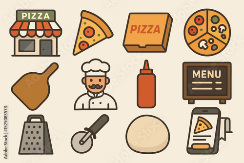 Pizza icons: restaurant, ingredients, tools for italian cuisine