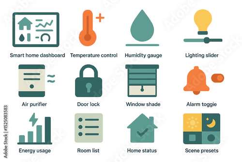 Smart home interface: temperature control, humidity gauge, lighting slider, security features