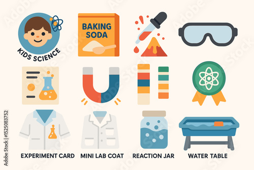 Kids science experiment icons: baking soda, lab coat, water table, reaction jar, goggles