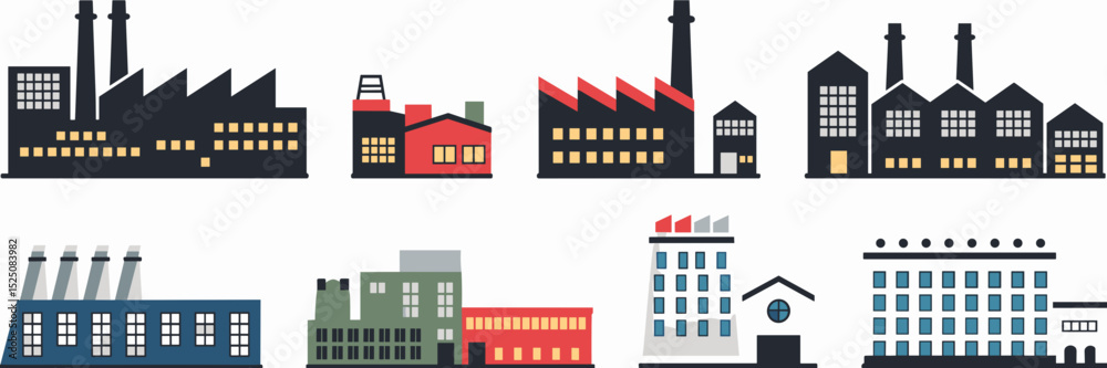 Obraz premium vector icon sheet of various factory silhouettes – perfect for industrial design, manufacturing apps, or business presentations