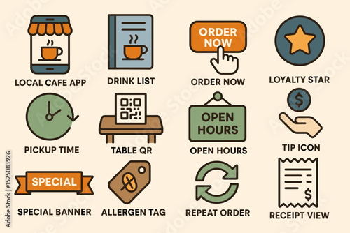 Cafe app icons featuring order, loyalty, pickup, and special offers