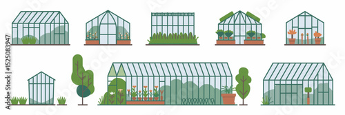 Vector greenhouse icon sheet with plants and garden tools – Suitable for horticulture and farming design