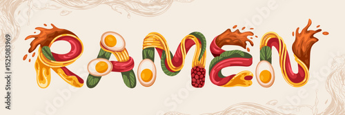 ramen typography with noodles and soft-boiled eggs – perfect for culinary branding, warm food promotions, or menu design
