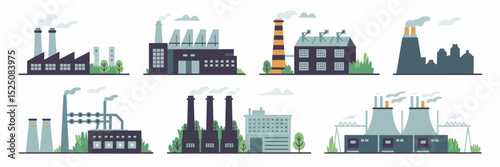 vector icon sheet featuring traditional and modern factories with city skyline – great for urban development, energy, or industrial themes