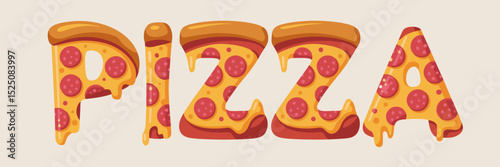 vibrant vector pizza lettering made from stylized pizza slices with golden lighting – ideal for food advertising, branding, or graphic design