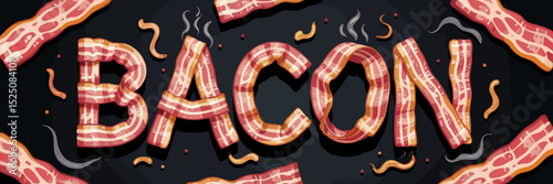bacon letters formed from sizzling bacon strips with smoke – ideal for breakfast advertising, BBQ events, or meat lover promotions