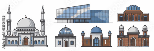Set of mosque vector icons with diverse architectural designs – Ideal for cultural presentations, religious education, or travel branding