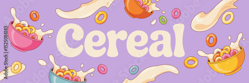 colorful cereal bowls and loops with milk splashes around bold text – great for healthy breakfast branding and food ads