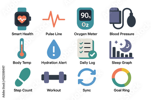 Smart health icons: monitoring, fitness, hydration, and sleep tracking