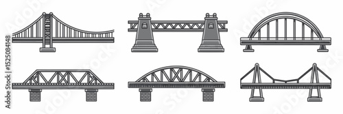 Vector sheet of bridge icons in minimalist style – Perfect for civil engineering graphics, transportation design, or construction-themed visuals
