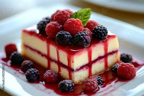 Berry cheesecake square with raspberry glaze and fresh berries