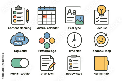 Icons for content planning: editorial, post types, scheduling, and more