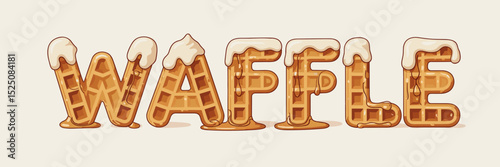 waffle letters with whipped cream and syrup, blueberry accent – ideal for sweet food advertising and menus