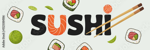 sushi text with detailed rolls, wasabi, and chopsticks – perfect for Japanese restaurant branding, food delivery, or culinary advertising