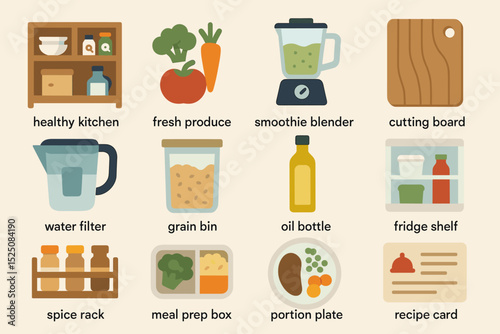Healthy kitchen essentials: fresh produce, blender, cutting board, and more for a nutritious lifestyle