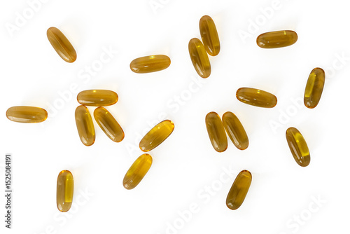 The Photo of a drug, Omega 3 pills, on a white background, taken with a 45Mp high resolution camera.