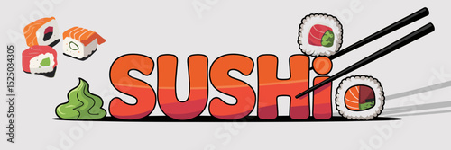 vibrant sushi lettering with gradient text and stylized rolls – ideal for modern food branding, menus, or social media content