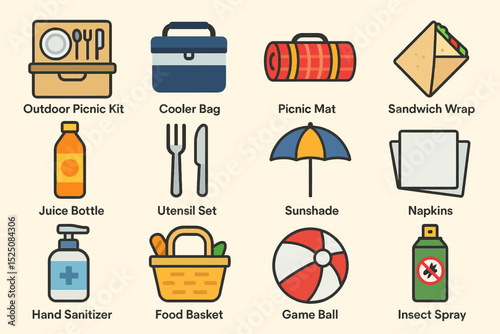 Outdoor picnic essentials: kit, cooler bag, mat, sunshade, utensils, food basket