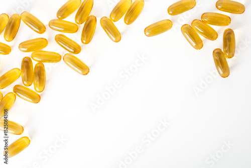The Photo of a drug, Omega 3 pills, on a white background, taken with a 45Mp high resolution camera.